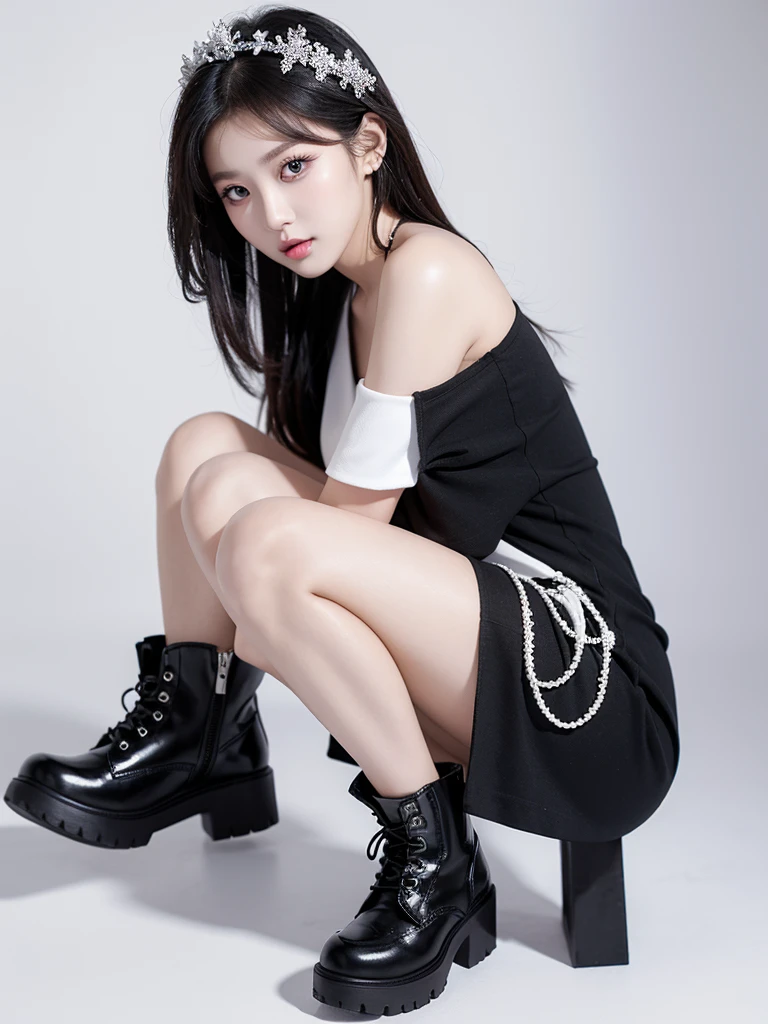 Beautiful woman wearing a black white mini dress with decorations on the shirt and visible shoulders and wearing boots and being photographed with a white background And was on the bridge , Korean style swag, beautiful face so gorgeous, Beautiful eyes, y2k style