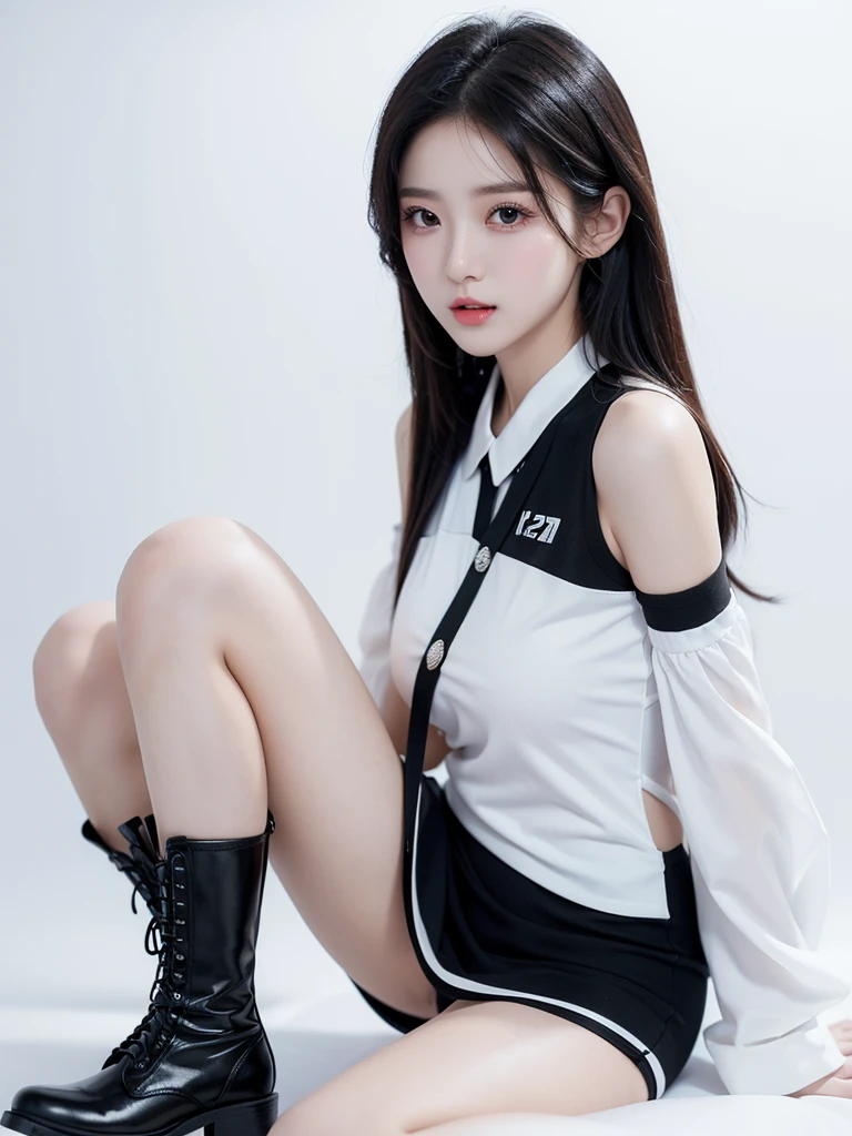 Beautiful woman wearing a black white mini dress with decorations on the shirt and visible shoulders and wearing boots and being photographed with a white background And was on the bridge , Korean style swag, beautiful face so gorgeous, Beautiful eyes, y2k style