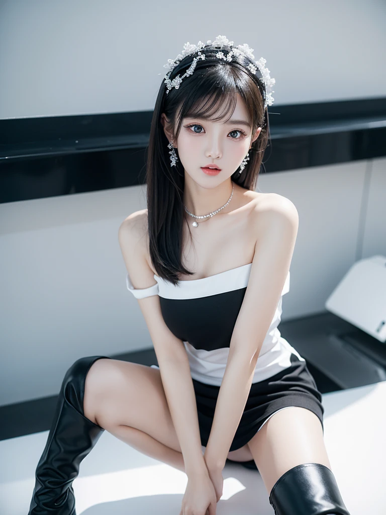 Beautiful woman wearing a black white mini dress with decorations on the shirt and visible shoulders and wearing boots and being photographed with a white background And was on the bridge , Korean style swag, beautiful face so gorgeous, Beautiful eyes, y2k style
