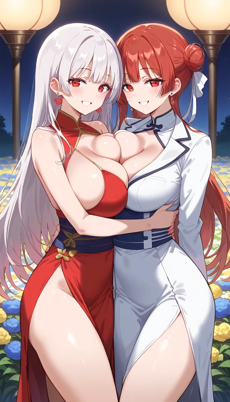 Super detailed, The body is slim, Tight waist, Small Head, Small face, Beautiful attention to detail, Detailed skin, Thin thighs, Thin legs, Huge round breasts, Studio Lighting, Full Shot, Earrings, (smile), (Embrace), ((Hanfu)), ((Two girls dressed in red or pink)), Flowers, evening