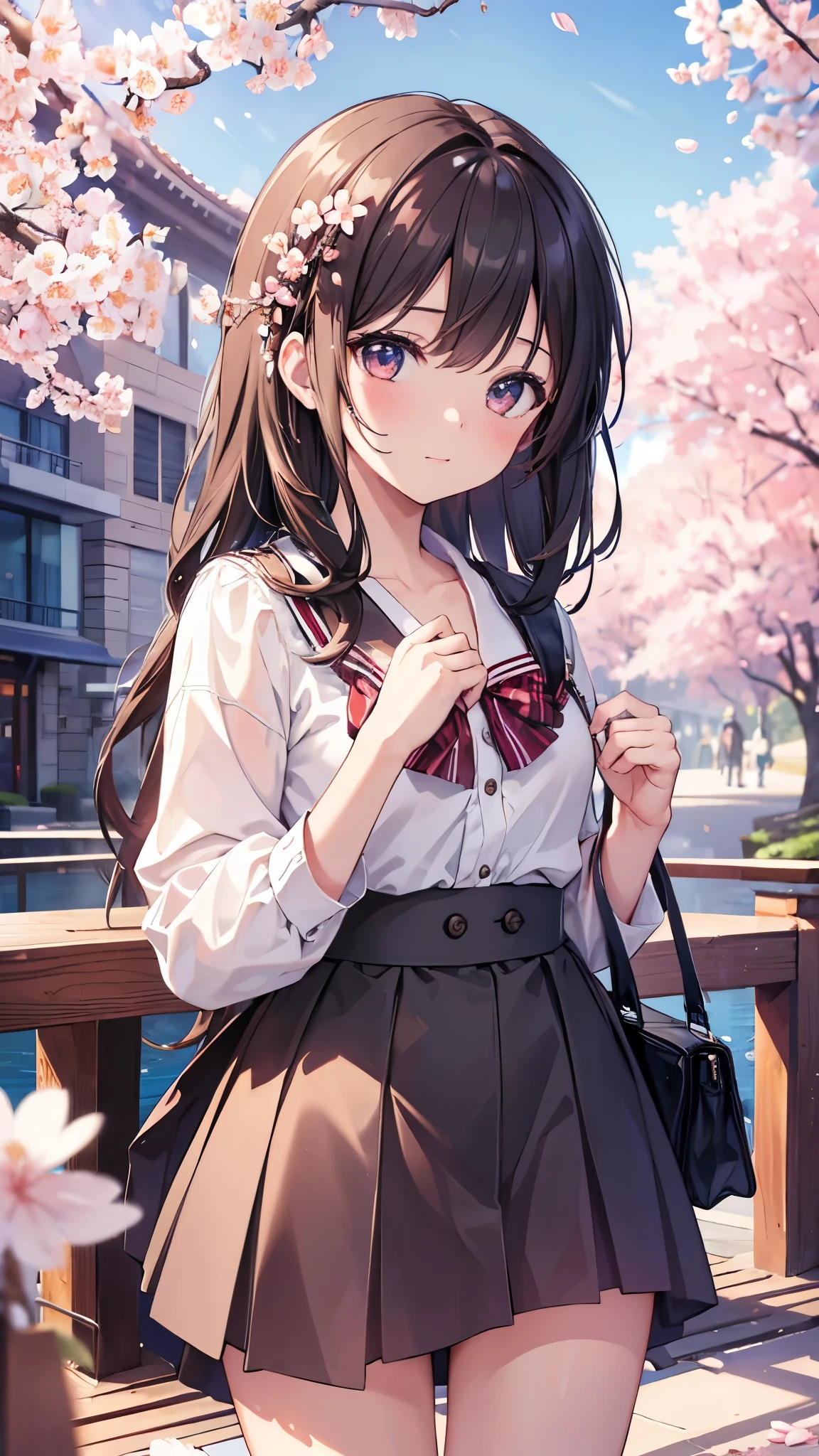 masterpiece, Highest quality, High resolution, Very detailed, Detailed Background, Cinema Lighting, One girl, cute, Medium chest, , Skirt Lift, Public indecency, View your viewers, building, Outdoor, cherry blossoms, Bokeh,