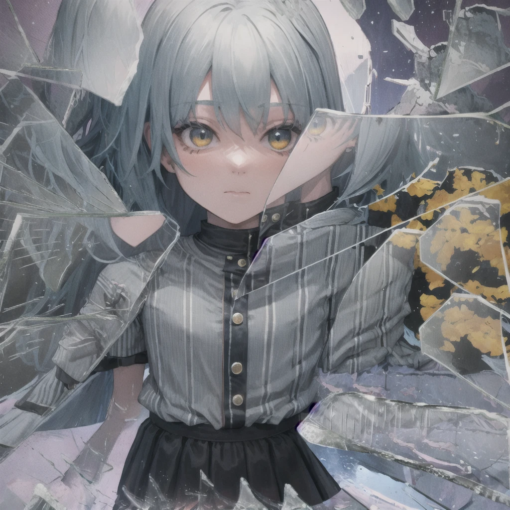 High Quality, Masterpiece, IncrsBrknGls, broken glass, reflection, KitazawaCasual, striped shirt, black skirt