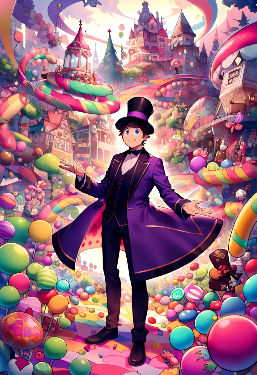 A whimsical, fantastical chocolate factory scene. In the center, a young boy with wide eyes stands in awe, surrounded by oversized candy canes, flowing chocolate rivers, and vibrant lollipop trees. A quirky chocolatier with a purple coat and top hat stands nearby, smiling mischievously. The background features colorful, whimsical architecture and a landscape filled with various candies and sweets, capturing the essence of a magical, candy-filled wonderland.