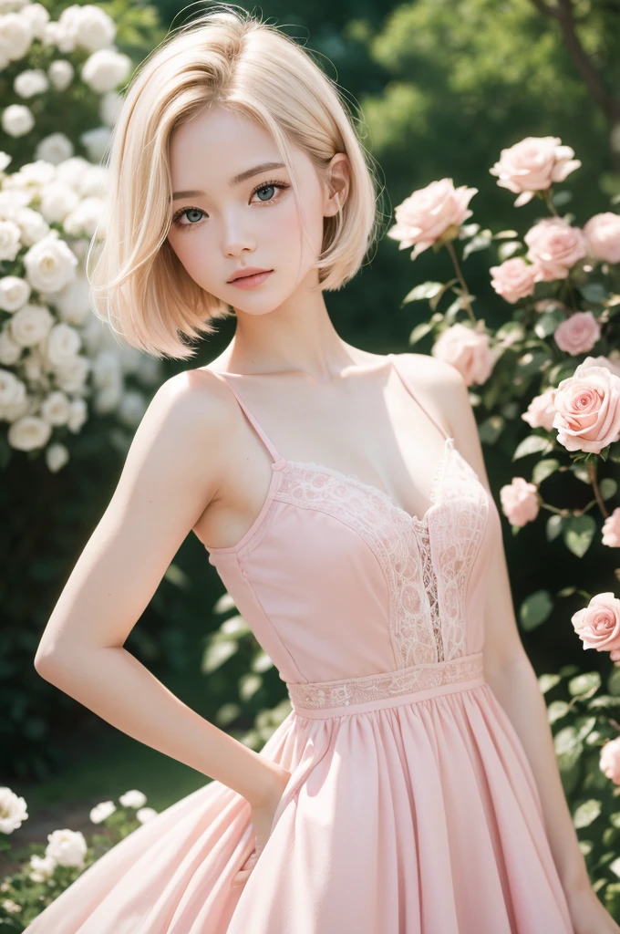 8K, CRU photo, Fujifilm, style photo of a beautiful young woman like Avril in a light pink rose garden (highly detailed skin: 1.2) Style-Petal BREAK short hair, blonde hair with colored highlights, wearing a dress, film grain, 35mm, cute style