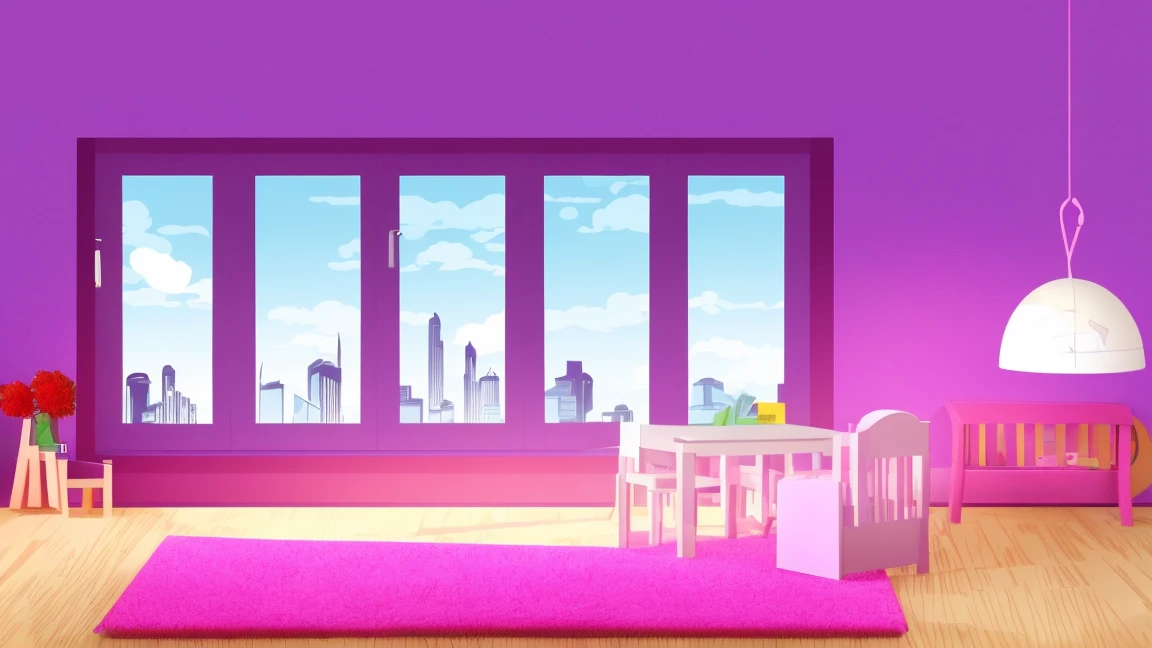 Cartoon style illustration、Solid Paint、A room with a large window overlooking the night city、Purple neon colours, pink, blue