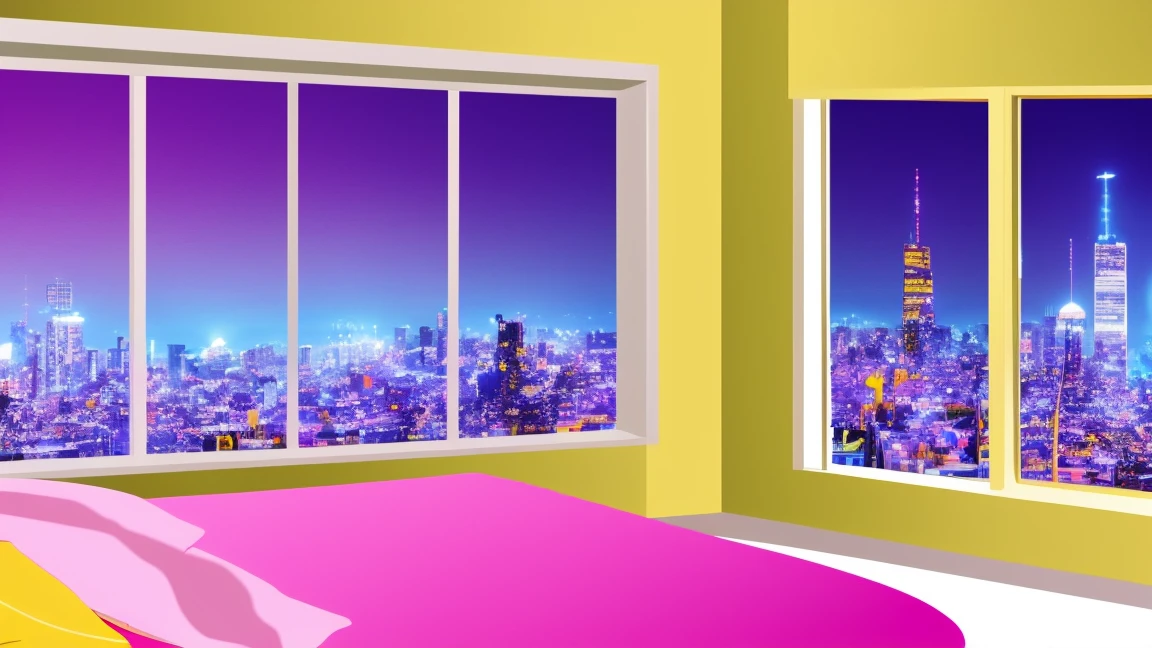 Cartoon style illustration、Solid Paint、A room with a large window overlooking the night city、Purple neon colours, pink, blue