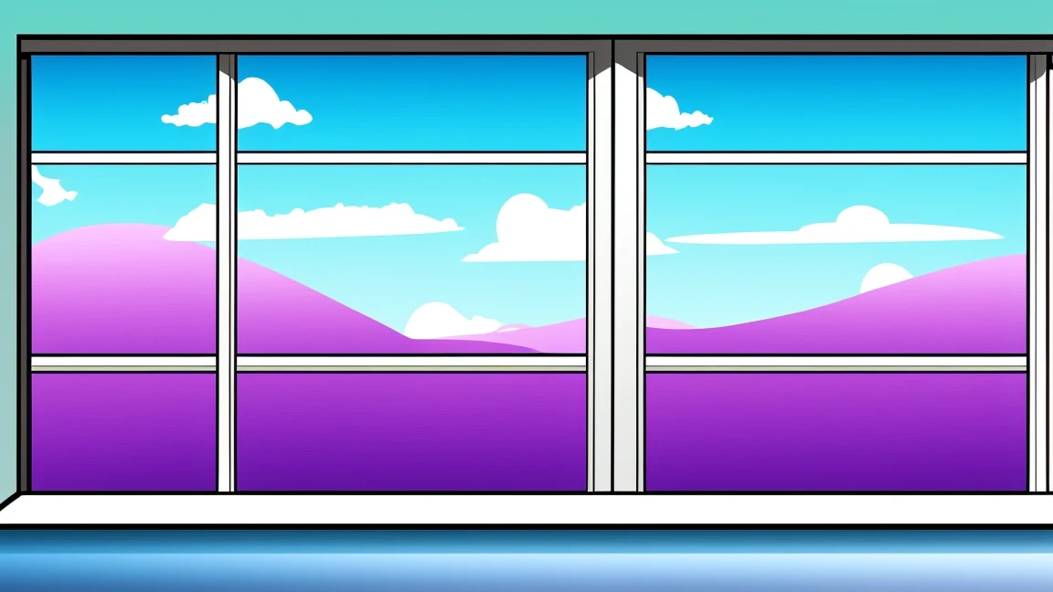 Cartoon style illustration、Solid Paint、A room with a large window overlooking the night city、Purple neon colours, pink, blue