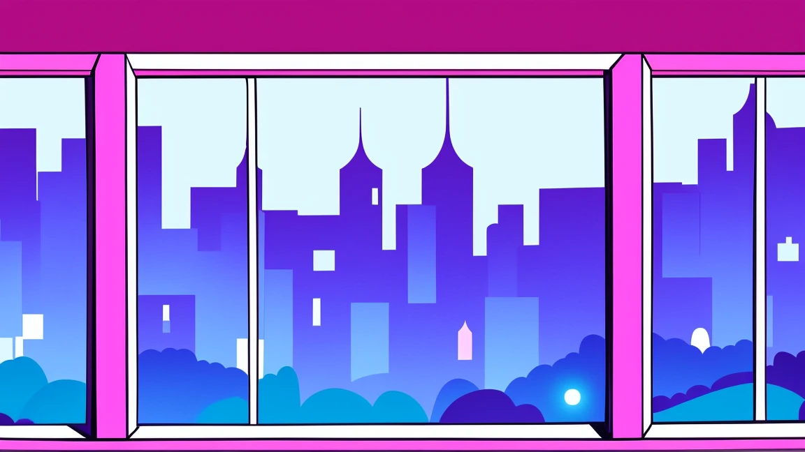 Cartoon style illustration、Solid Paint、A room with a large window overlooking the night city、Purple neon colours, pink, blue
