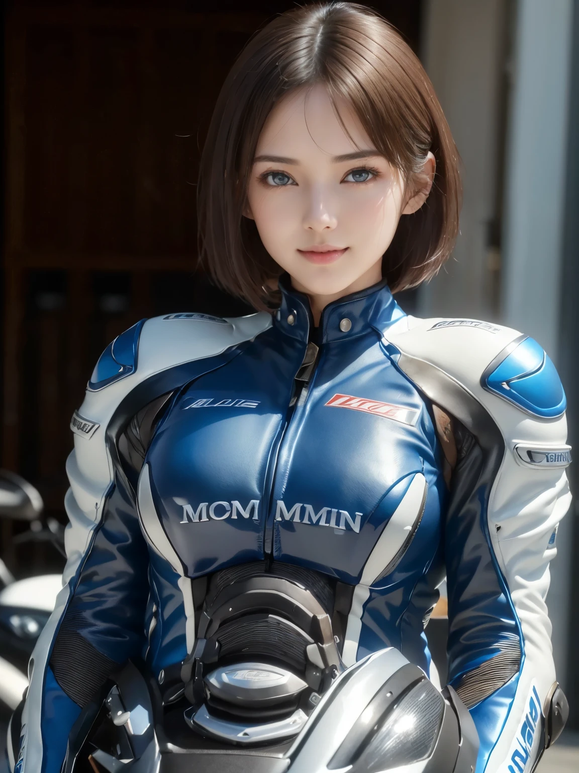 (8K, Highest quality photo quality:1.3), so beautiful, .3d, Brown Hair、Very Short Hair, blue eyes, (Abdominal muscles, Slim figure: 1.1), Sharp focus, (((Intricate details)), Beautiful and delicate lips, Beautiful and delicate nose, Beautiful and delicate mature face, Beautiful and delicate eyes, ((Realisticなしっとりと白い肌)), (Realistic, Realistic), Cinematic Light, Face Light, Attractive long limbs, smile, (((Detailed Motorcycle)))、(((Riding a motorcycle)))、Full Body Shot、Blue fitted long sleeve racing leather suit
