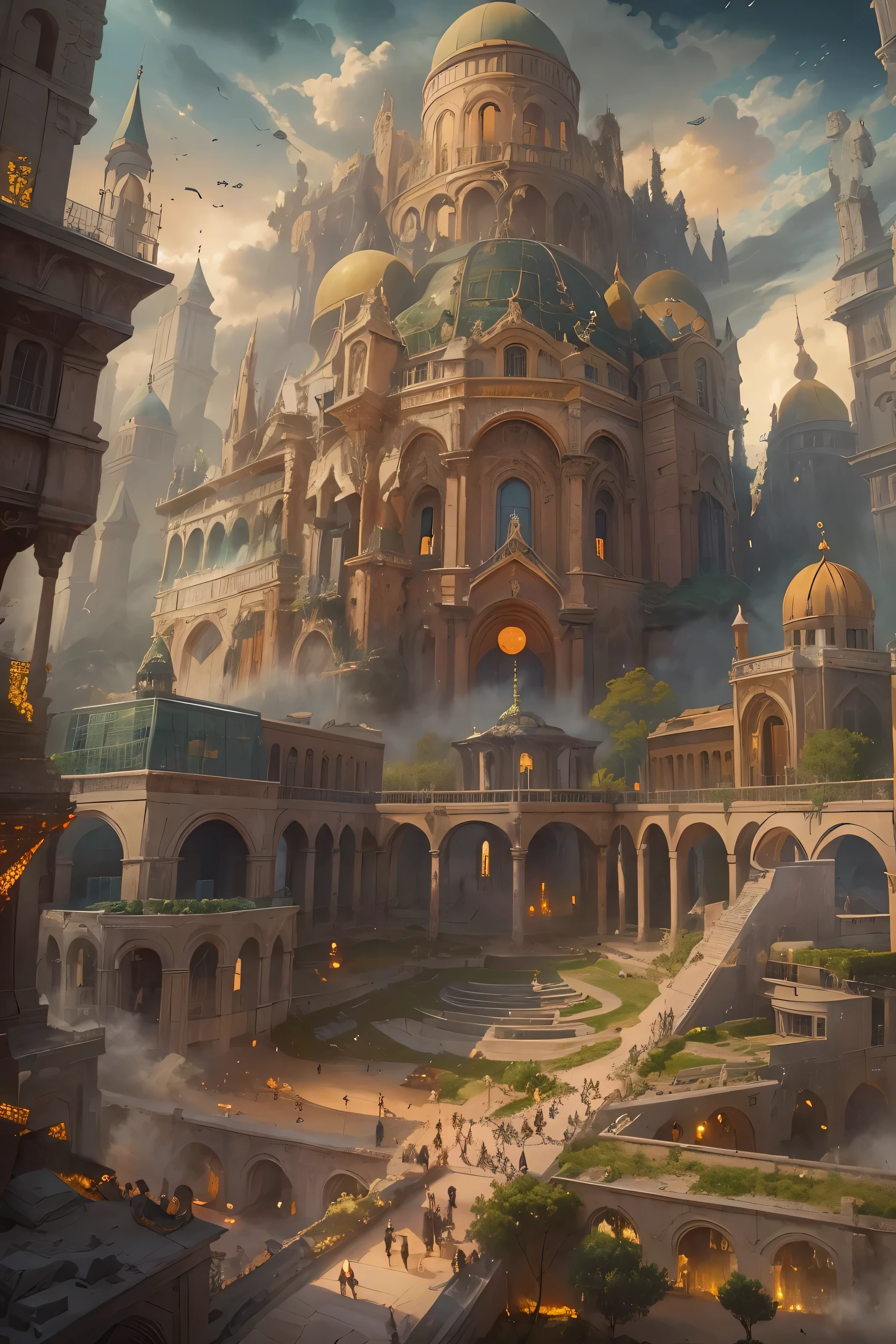 A Renaissance masterpiece depicting a palace in the sky,Christ&#39;s Millennial Kingdom, Heavenly Jerusalem, golden cityscape, Precious Stones Basics, Portal Celestial, Translucent City in the Sky, Gates, bridge, Surrounded by the clouds of heaven, Sense of divinity, God&#39;s Touch, Futuristic gothic art style, cyber punk ,Fantasy art, Ultra Best Real, Best details, Highest quality, 16K, [Ultra-detailed], Master Parts, Highest quality, (Very detailed), super long launch, rendering, Depth of written boundary, Hyperrealistic painting,