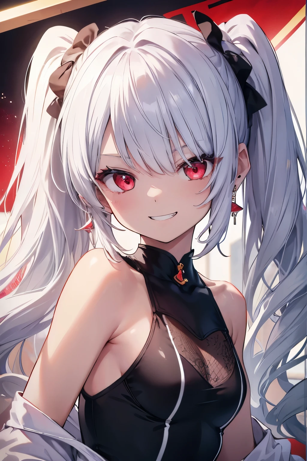 (8K、Best image quality、Highest quality、masterpiece)、Detailed face、1 Girl、Silver Hair、Twin tails、Red eyes、After sunburn、Earrings、Wicked Smile、teeth、Grin、Small breasts、