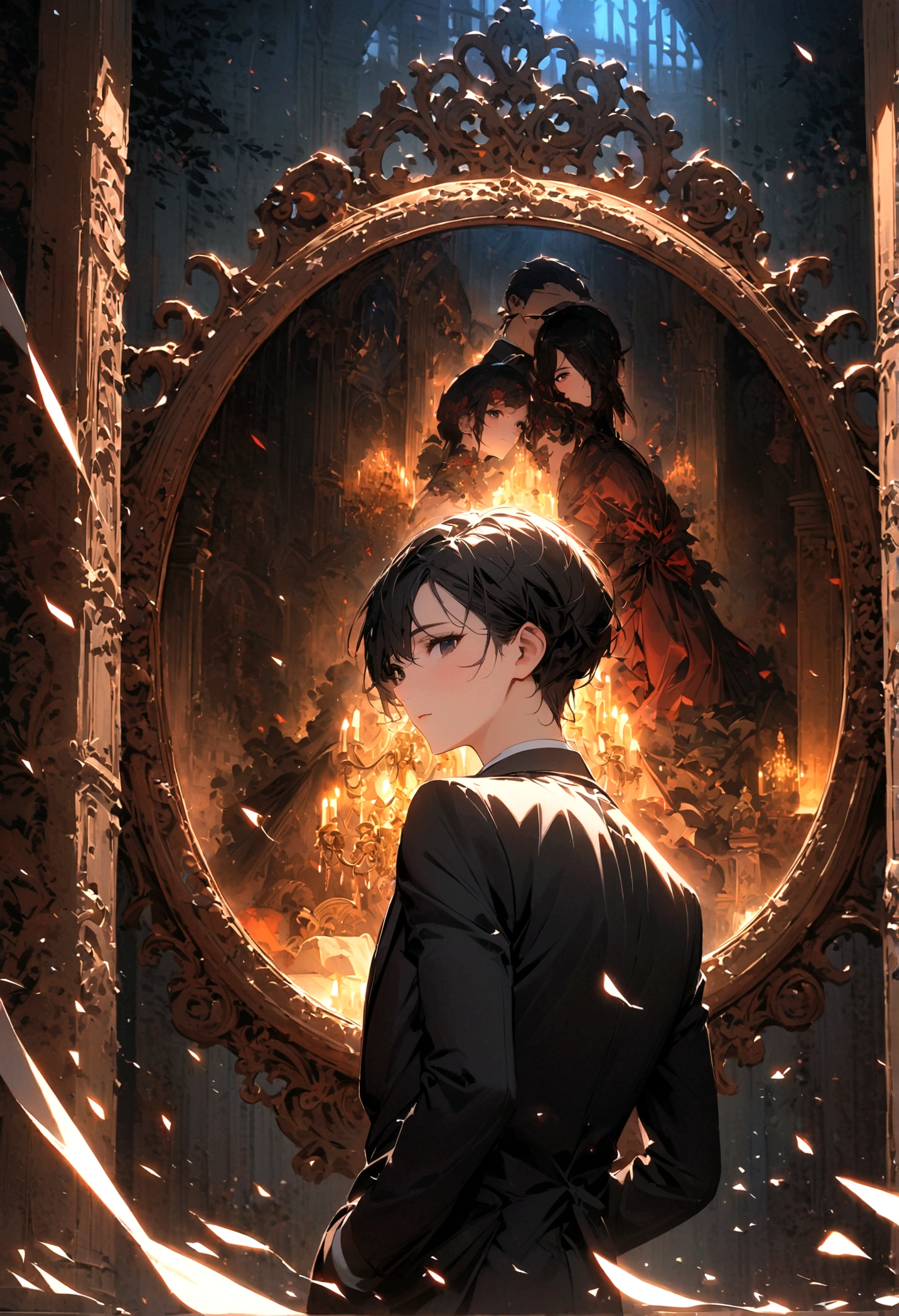 A black-haired, black-eyed man in a black suit turned his back and half his face in the palace at night.