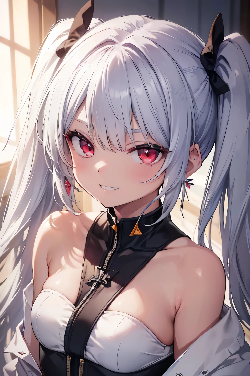 (8K、Best image quality、Highest quality、masterpiece)、Detailed face、1 Girl、Silver Hair、Twin tails、Red eyes、After sunburn、Earrings、Wicked Smile、teeth、Grin、Small breasts、