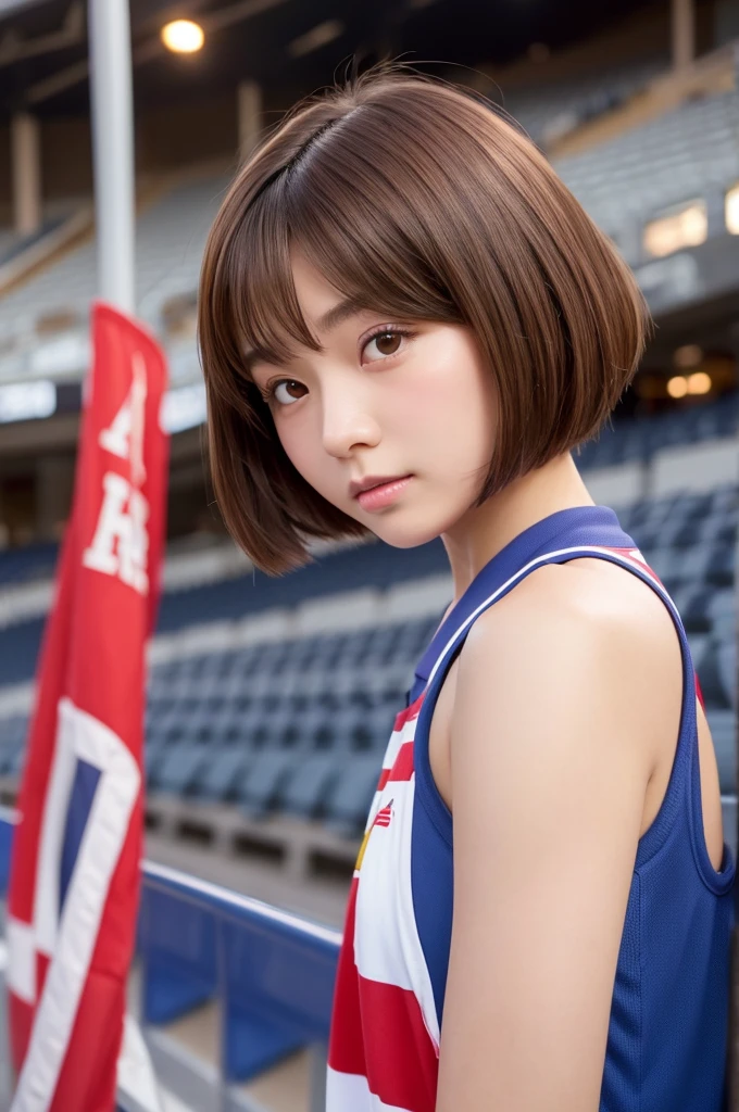 Cute 20 year old Japan woman、Beautiful Skin、Beautiful Hair、Short Hair Length、Bob Hair、Brown Hair Color、Beautiful Eyes、Brown Eye Color、Embarrassed look、place：Stadium、Cheerleader、The naughtiest pose