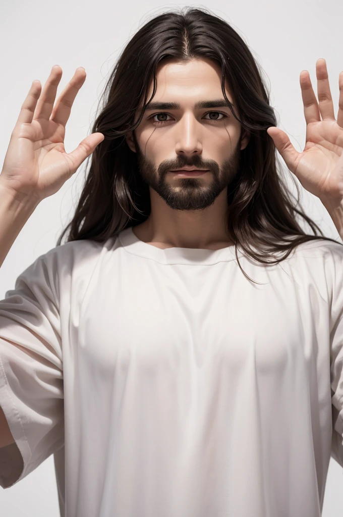 Create an image of Jesus Christ with hands worshiping with white background
