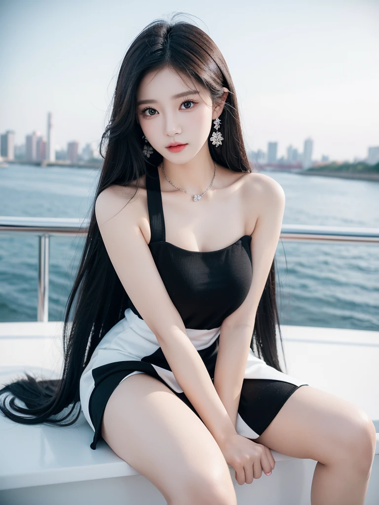 Beautiful woman wearing a black white mini dress with decorations on the shirt and visible shoulders and wearing boots and being photographed with a white background And was on the bridge , Korean style swag, beautiful face so gorgeous, Beautiful eyes, y2k style