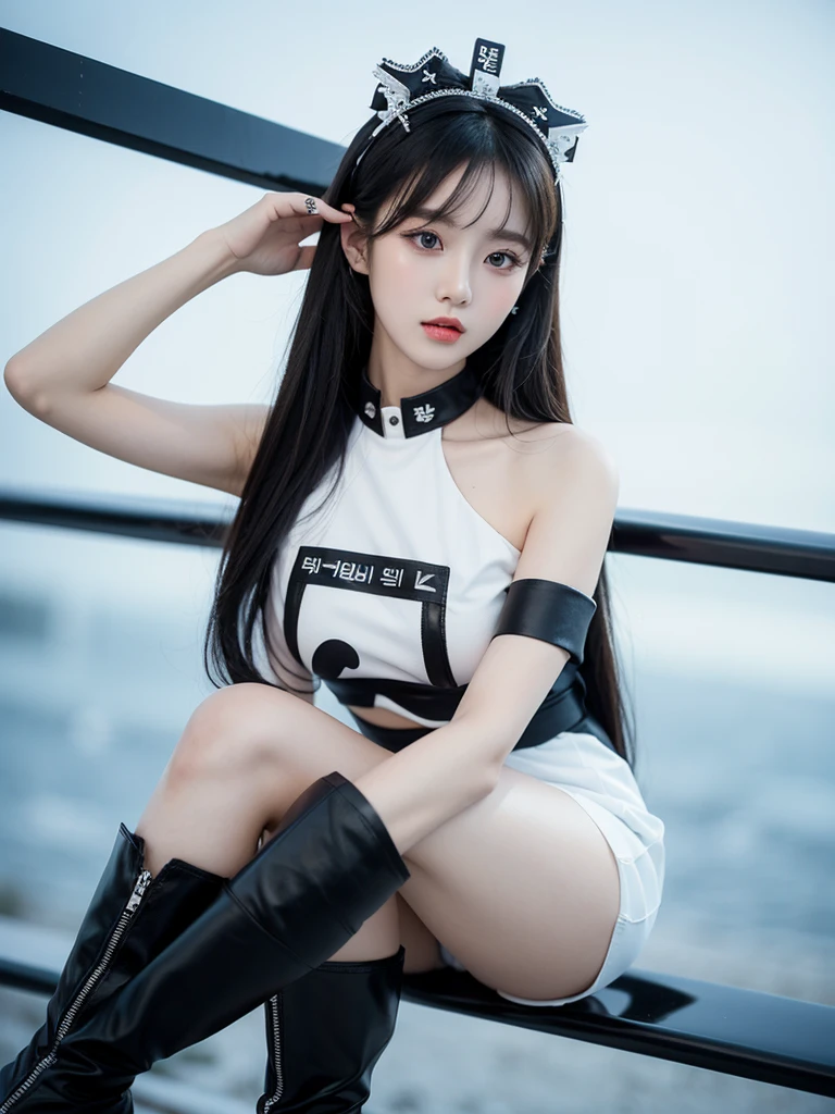 Beautiful woman wearing a black white mini dress with decorations on the shirt and visible shoulders and wearing boots and being photographed with a white background And was on the bridge , Korean style swag, beautiful face so gorgeous, Beautiful eyes, y2k style