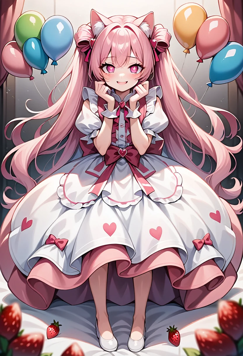 
1 girl, PINK cat ears, long pink hair in twin tails, bangs, ((pink hair color, pink eyes, bright rainbow colors theme balloons, very long eyelashes, fluorescent eyes, bright eyes)), silky hair, girly, (love, loving face, delighted expression, smile), frills, looking at viewer, (full body), all chlothes are pink and pure white, much frills,  illustration, (anime coloring), (masterpiece), (best quality), (intricate details), ai-generated, blush with white freckles on cheeks, (beautiful idol frill dress, heart-shaped pupils), the hair accessories are made of macaroons and ribbons and strawberries.