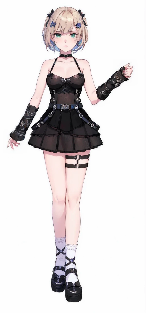 masterpiece, best quality, 1girl, arms behind back, bound, rope, black dress, black footwear, black hair, blue shorts, bondage, brown eyes, brown hair, cloth gag, front view, full body, hanging, long hair, sleeveless shirt, solo, simple background