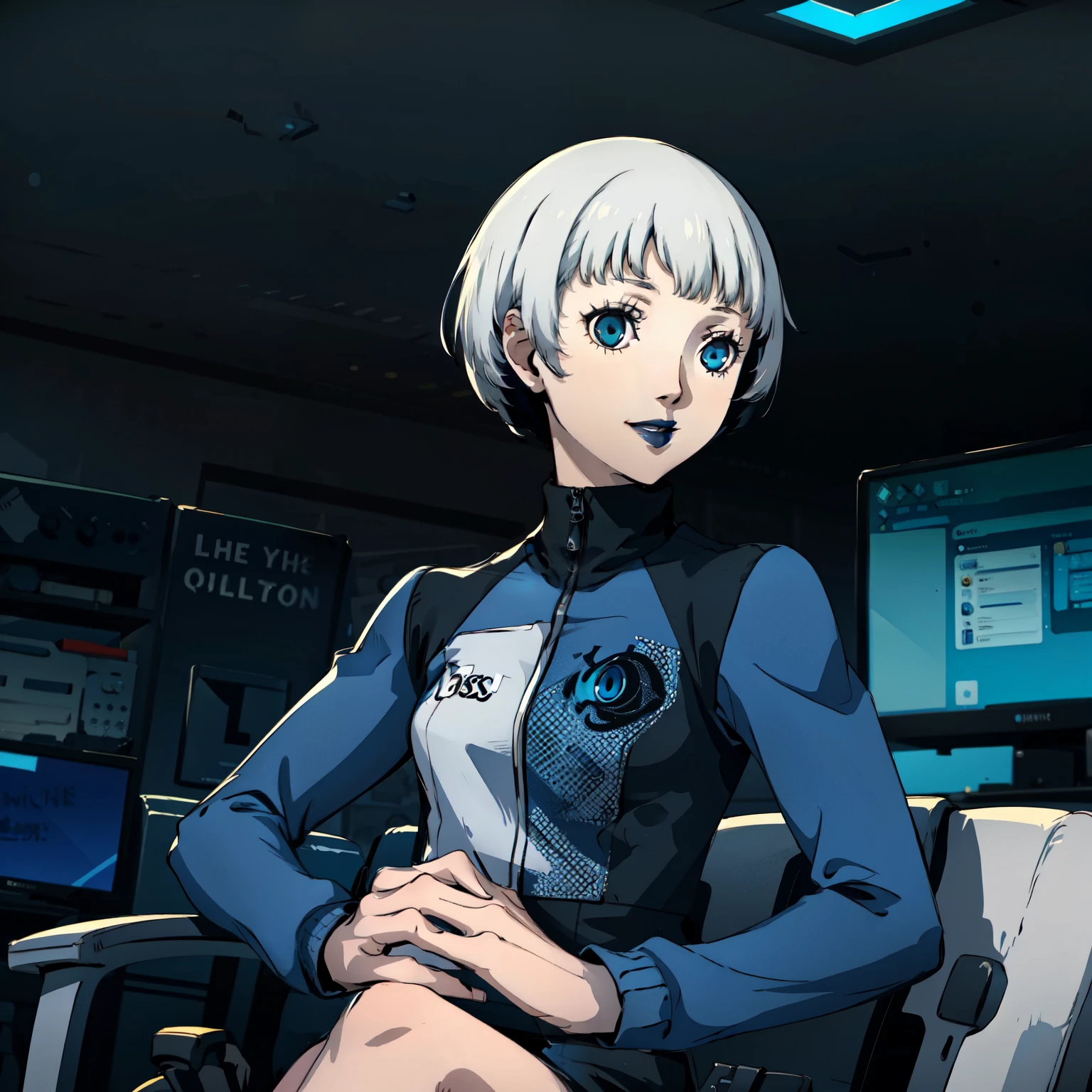 masterpiece, ((best quality)),((1 girl)), blue eyes, black lipstick, white hair, female , tomboy Pixie haircut, deep blue suit, white hair, white hair,smiling,hacker,in the,dark room,sitting,looking monitor,cute
