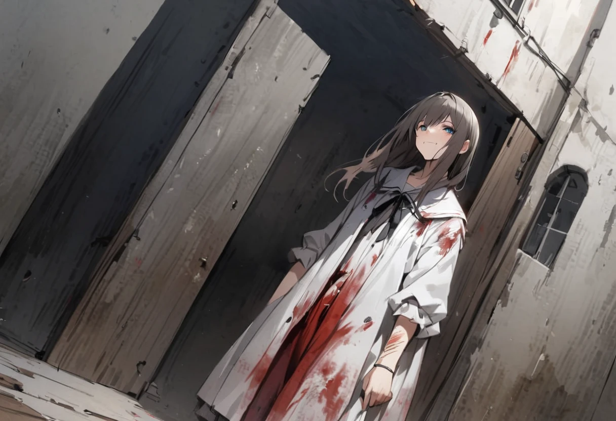 zombie、Dynamic Angle、Outside the old and beautiful Western-style building、Girl、Girl、Short、Younger、Lower school girls、Both eyes open、Dark, rotten skin、It is dirty、Bloody、Injured、smile、I'm not feeling well、Wandering、My clothes are torn、My hair is messy、Pale complexion、I'm about to die、Eating humans
