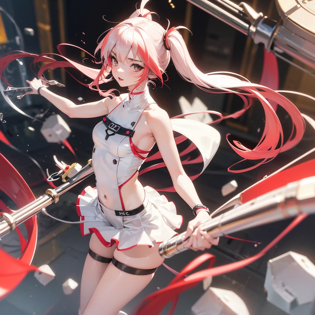 Anime nude, girl in a short miniskirt, panties visible, red and white hair, Twin Tail, in a beautiful area, 3d.