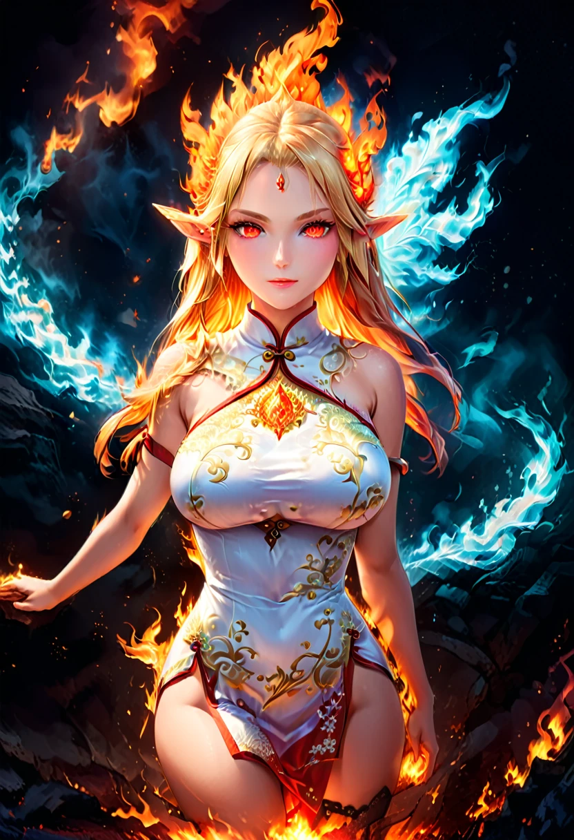 igh details, best quality, 16k, [ultra detailed], masterpiece, best quality, (extremely detailed), full body, ultra wide shot, photorealistic, fantasy art, dnd art, rpg art, realistic art, an ultra wide picture of a female elf (intricate details, wearing fiery (white Cheongsam with flames rising from the Cheongsam, studded with red diamonds: 1.5), goddess of fire ((fiery radiant aura)), controlling a swirling red fire, fiery red radiant magic (1.5 intricate details, Masterpiece, best quality), manipulating purple radiant magical symbols, [[divine symbols]] (intricate details, Masterpiece, best quality: 1.5), elf female, (blond hair: 1.3), long hair, hair with aura, with red radiant eyes, intense eyes, (( red glowing eyes: 1.3)), she wears Cheongsam with fiery patterns, (the fire leaps from the patterns on Cheongsam into live fire: 1.3), fantasy volcano back ground, streams of lava, dynamic background, high details, best quality, highres, ultra wide angle, faize, diam0nd, fire that looks like..