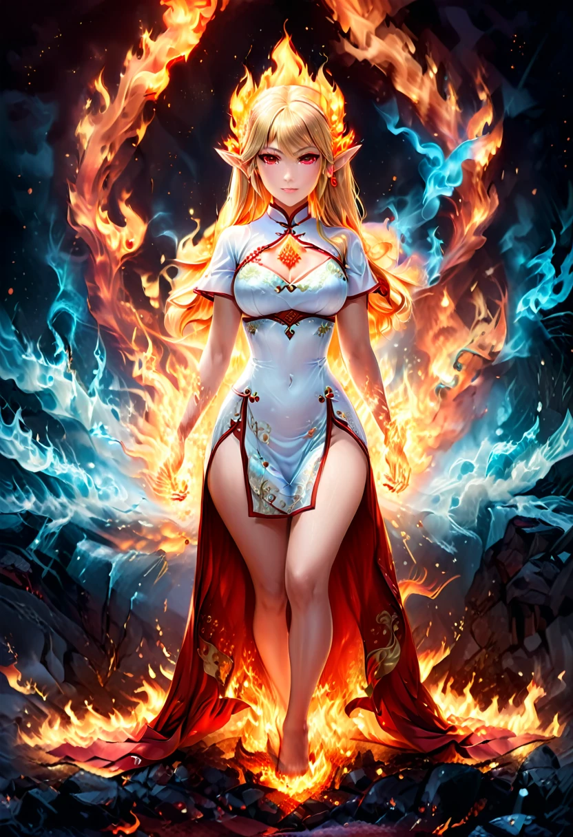 igh details, best quality, 16k, [ultra detailed], masterpiece, best quality, (extremely detailed), full body, ultra wide shot, photorealistic, fantasy art, dnd art, rpg art, realistic art, an ultra wide picture of a female elf (intricate details, wearing fiery (white Cheongsam with flames rising from the Cheongsam, studded with red diamonds: 1.5), goddess of fire ((fiery radiant aura)), controlling a swirling red fire, fiery red radiant magic (1.5 intricate details, Masterpiece, best quality), manipulating purple radiant magical symbols, [[divine symbols]] (intricate details, Masterpiece, best quality: 1.5), elf female, (blond hair: 1.3), long hair, hair with aura, with red radiant eyes, intense eyes, (( red glowing eyes: 1.3)), she wears Cheongsam with fiery patterns, (the fire leaps from the patterns on Cheongsam into live fire: 1.3), fantasy volcano back ground, streams of lava, dynamic background, high details, best quality, highres, ultra wide angle, faize, diam0nd, fire that looks like..