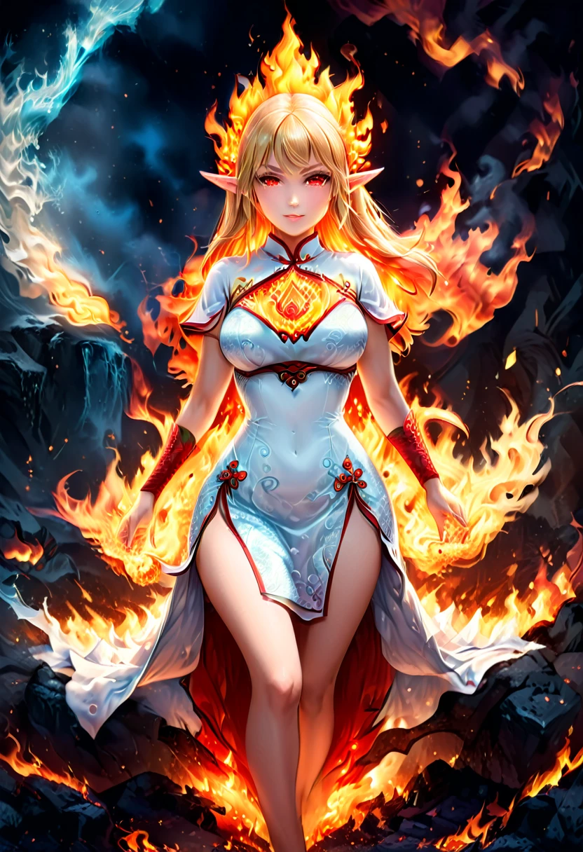 igh details, best quality, 16k, [ultra detailed], masterpiece, best quality, (extremely detailed), full body, ultra wide shot, photorealistic, fantasy art, dnd art, rpg art, realistic art, an ultra wide picture of a female elf (intricate details, wearing fiery (white Cheongsam with flames rising from the Cheongsam, studded with red diamonds: 1.5), goddess of fire ((fiery radiant aura)), controlling a swirling red fire, fiery red radiant magic (1.5 intricate details, Masterpiece, best quality), manipulating purple radiant magical symbols, [[divine symbols]] (intricate details, Masterpiece, best quality: 1.5), elf female, (blond hair: 1.3), long hair, hair with aura, with red radiant eyes, intense eyes, (( red glowing eyes: 1.3)), she wears Cheongsam with fiery patterns, (the fire leaps from the patterns on Cheongsam into live fire: 1.3), fantasy volcano back ground, streams of lava, dynamic background, high details, best quality, highres, ultra wide angle, faize, diam0nd, fire that looks like..