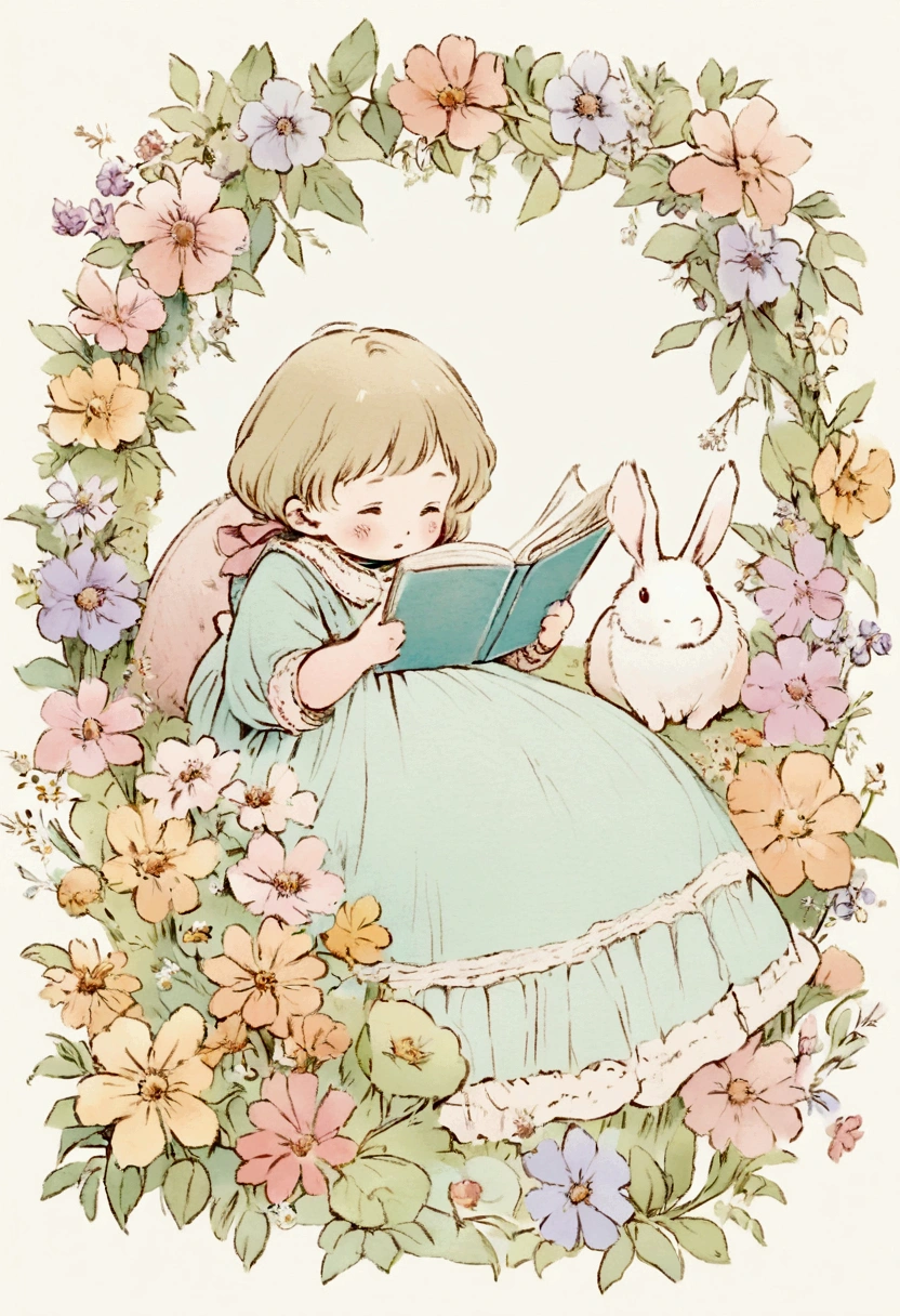 Illustration of a picture book in the style of Beatrix Potter,  Reading a book in a blooming garden,There&#39;s a  rabbit on her side, The illustrations are charming and delicate, Soft colors,In detail,Flower Frame