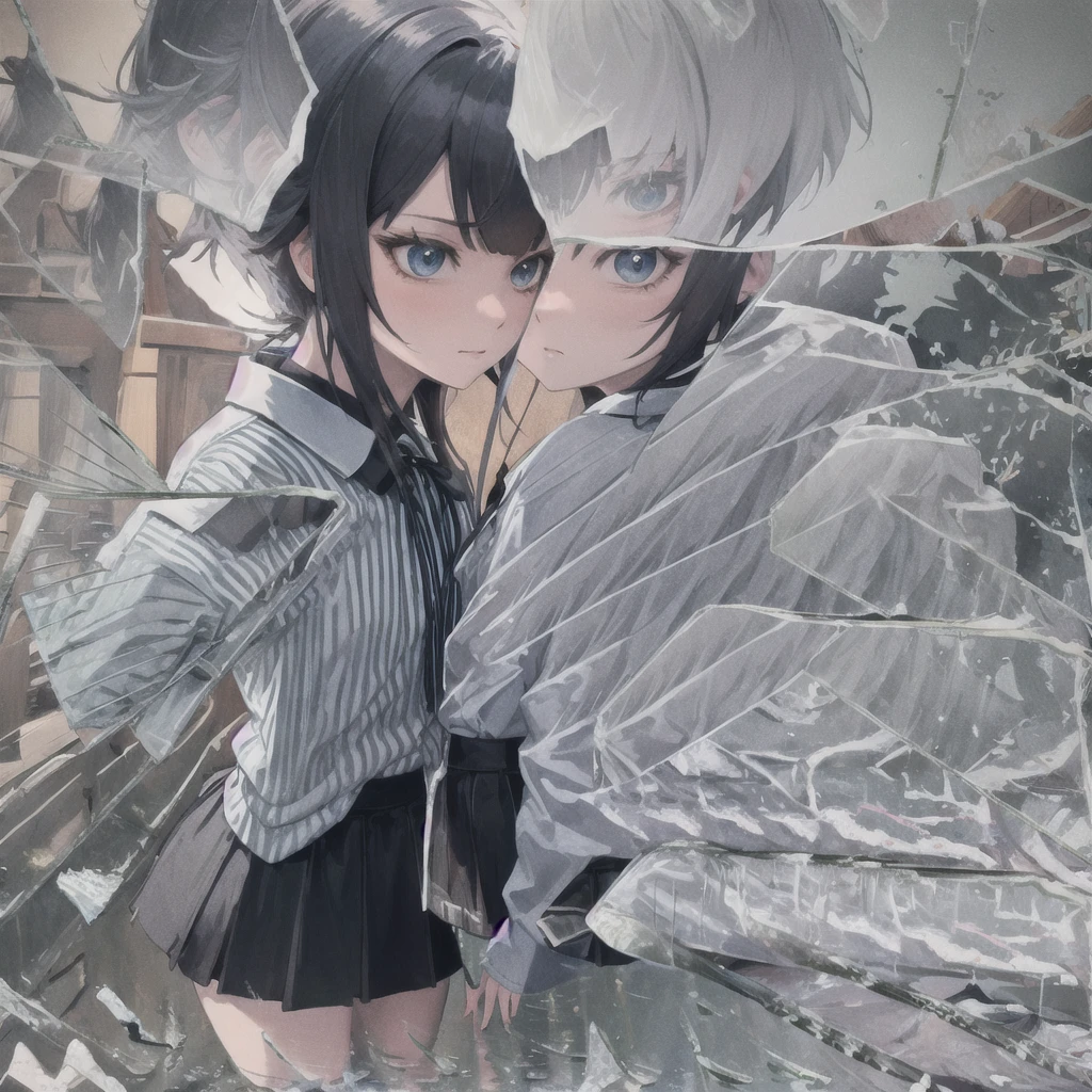 High Quality, Masterpiece, IncrsBrknGls, broken glass, reflection, KitazawaCasual, striped shirt, black skirt