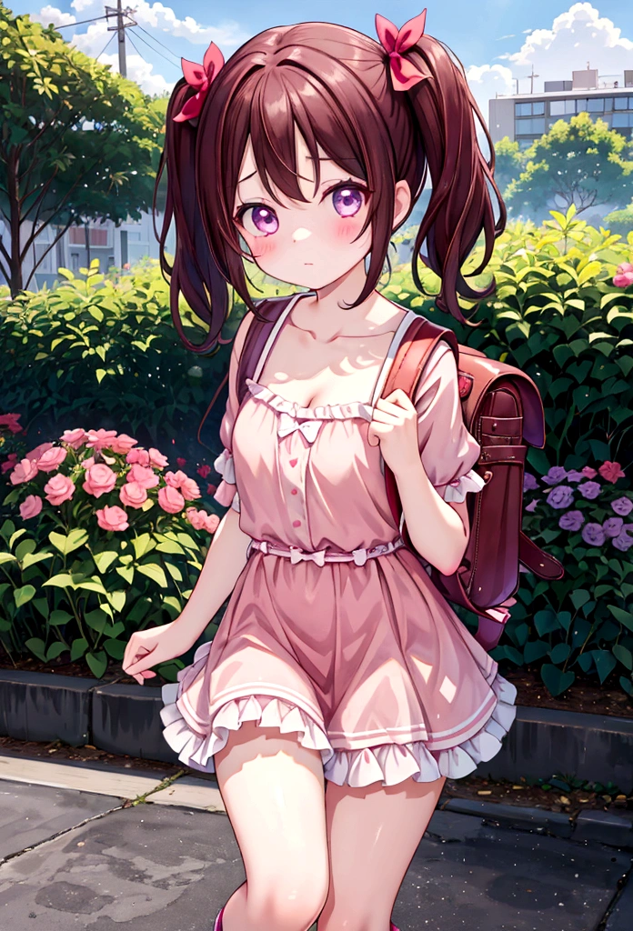 masterpiece, Highest quality, Nico_Yazawa,High resolution, 1 Girl, alone, Brown Hair, short hair, Twin tails、Purple eyes, Cowboy Shot, Frill dress, , Pink Dress, (Cleavage)、(Beautiful thighs)、city, Outdoor, garden, Carrying a red backpack, (randoseru backpack:1.2)1boy footjob