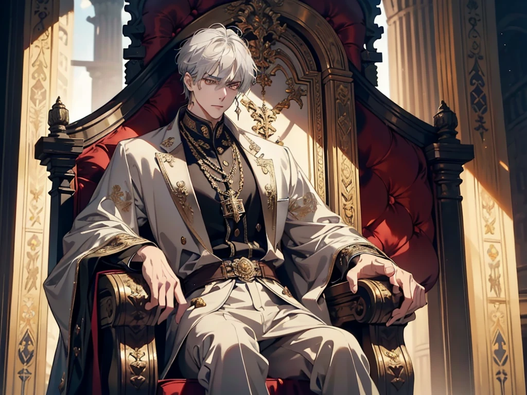 A silver-haired, short hair, prince sits on a majestic throne inside a majestic palace with crown. The environment around him is majestic and next to him stands an ancient looking clock. The throne is ornate, with details in gold and precious stones, and is covered by a silver cloth. The protagonist is wearing royal clothing, with a determined expression on his face, as he stares at the horizon with glowing and piercing golden eyes, masterpiece, best quality, ultra-detailed, illustration, 8k resolution concept art, fantasy art, epic art, concept art wallpaper 4k, deep color, natural lighting. adult, handsome, tall guy, broad shoulders.