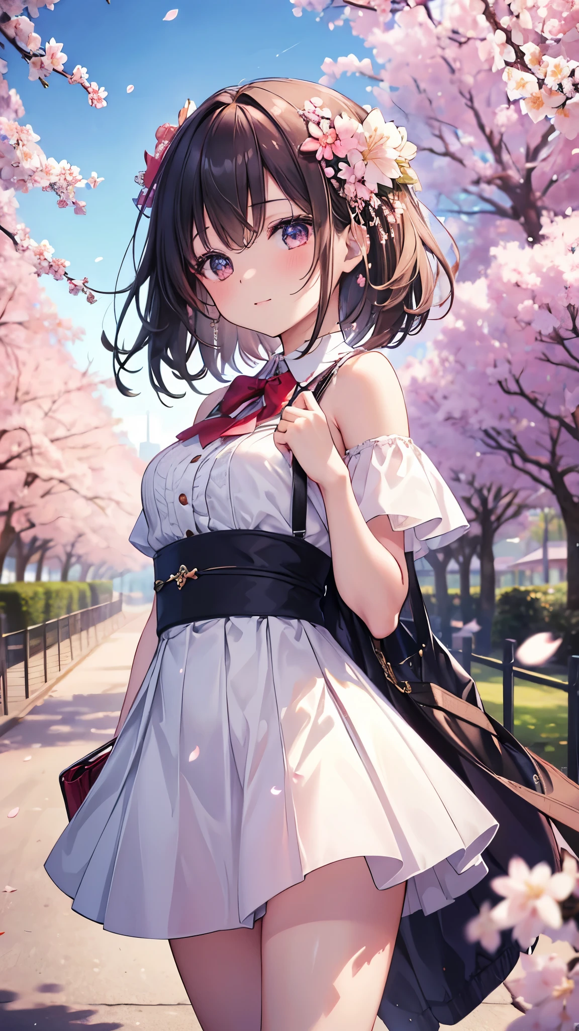 masterpiece, Highest quality, High resolution, Very detailed, Detailed Background, Cinema Lighting, One girl, cute, Medium chest, , Skirt Lift, Public indecency, View your viewers, building, Outdoor, cherry blossoms, Bokeh,
