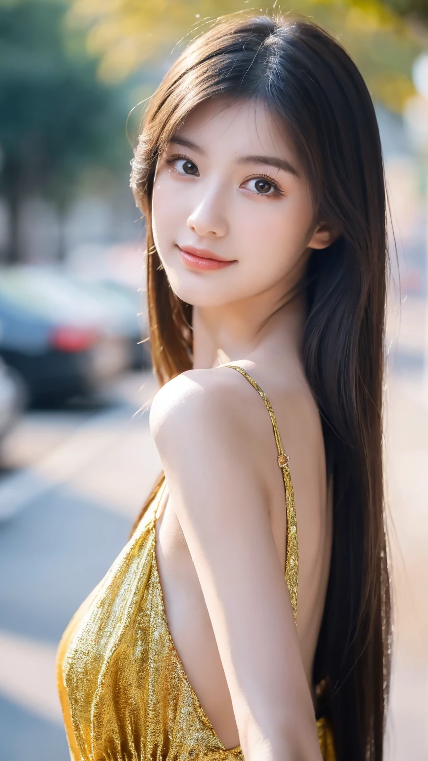 ((Best quality, 8K, masterpiece:1.3)),1girl,18 years old,Asian,Real texture:1.3,(Background blur:1.1),Gorgeous long dress,Tall and slender figure:1.2,(Hot summer weather),(street:1.3),Highly detailed face and skin textures,Exquisite eyes,Long eyelashes,Double eyelids,Skin Whitening,happy,Various postures,Big breasts