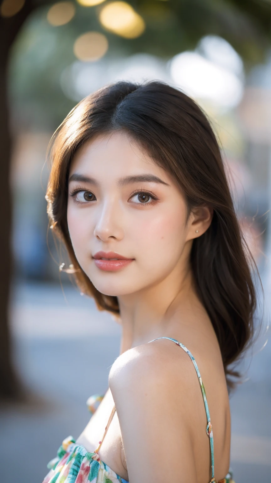 ((Best quality, 8K, masterpiece:1.3))，1girl，18 years old，Asian，Real texture:1.3，(Background blur:1.1)，Gorgeous long dress，Tall and slender figure:1.2，(Hot summer weather)，（street:1.3），Highly detailed face and skin textures，Exquisite eyes，Long eyelashes，Double eyelids，Skin Whitening，happy，Various postures，Big breasts