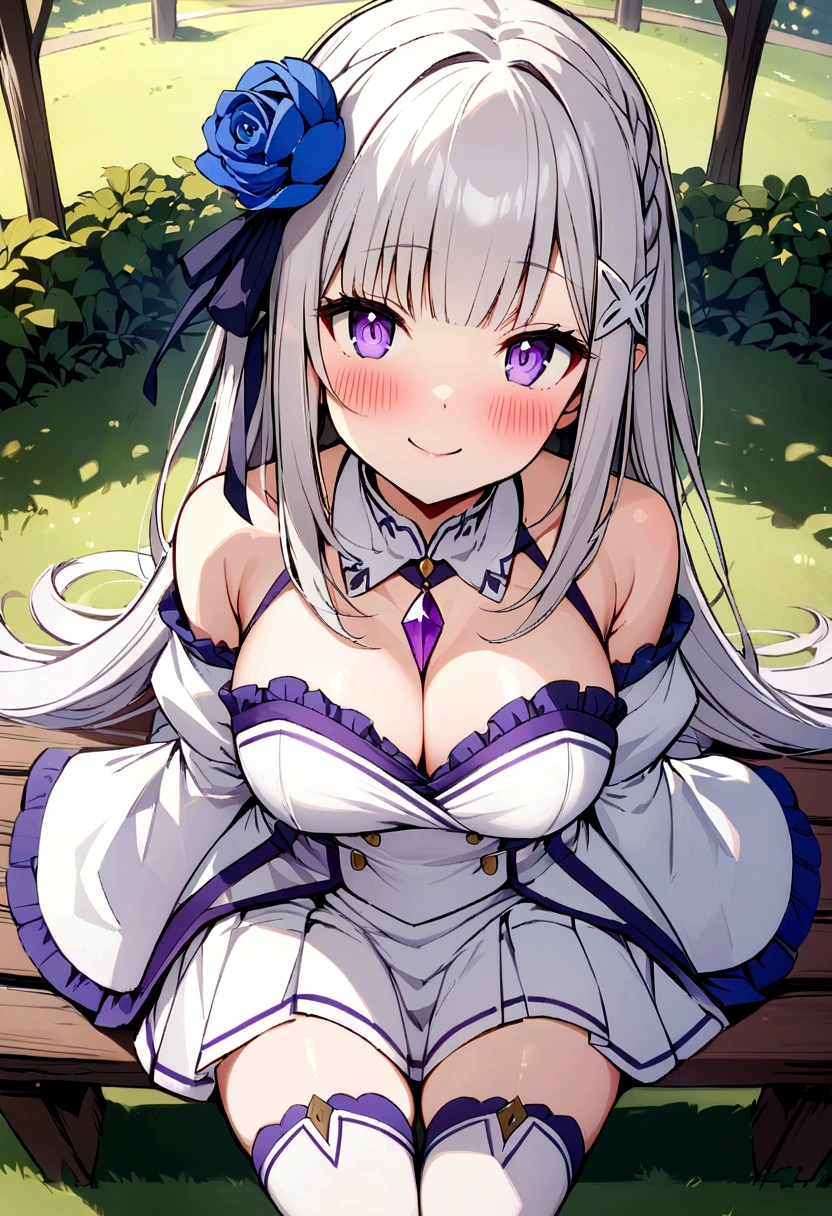 masterpiece, One girl, Emilia, Blunt bangs, Long Hair, Crown Blade,
white dress, Detachable collar, Wide sleeves, X Hair Ornament, Hair Flowers, Hair Ribbon, white thigh boots, Cleavage, Purple ruffles, Pleats_white_Skirt sitting on bench, garden, Arms at your sides,
View your viewers, (smile:1.2), blush, From above,