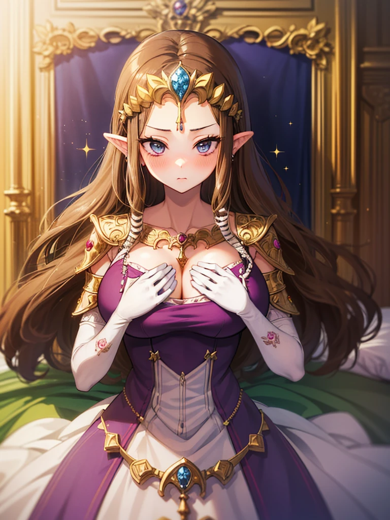 ((Expressionless)),((((1 boy, POV hands, Grab your chest)))),((Upper Body)),((alone)),((Lying in bed)),Anime art style,masterpiece,(Highest quality), (Super detailed),(Very delicate and beautiful),(alone),(detailedな顔と目),Beautiful eyes like jewels,(A truly gorgeous jeweled ruffled rococo ball gown dress),(((Mature Woman,Queen))),((1 Queen in a beautiful embroidery and jeweled absolutely gorgeous rococo ballgown dress with voluminous full length hoop skirt)),((crinoline)),Very detailedな絶対にゴージャスなロココボールガウンdressとフリルのボリュームのあるフルレングスのフープスカート,((Straight hair galore,Very long straight hair with plenty of volume,Super long straight hair)),,Cleavage,(bed),length_gloves,Very gorgeous hair accessory,Sparkling、A gorgeous jewel-studded tiara,((Gorgeous Glitter Jewelry)),Full body portrait,((bangs)),((Golden hair ornament)),((((Front Face)))),((((Adult Expressions)))),((((Beautiful Face)))),(((Exposed clothing)))),(()),(((Long Hair)))),((((Straight hair)))),((Cleavage)),((((Dark brown hair)))),Princess Zelda,((chest is slightly exposed)), ((Highest quality)),,(Very detailed) ,((Purple blouse)),((Put your arms behind your back)),Brown Hair,((Embarrassed look)),Blushing, ((Highest quality)), (Very detailed),((detailed)),(((pray))),Nintendo, The Legend of Zelda),Blushing,((alone)), ((Highest quality)), (Very detailed), ,