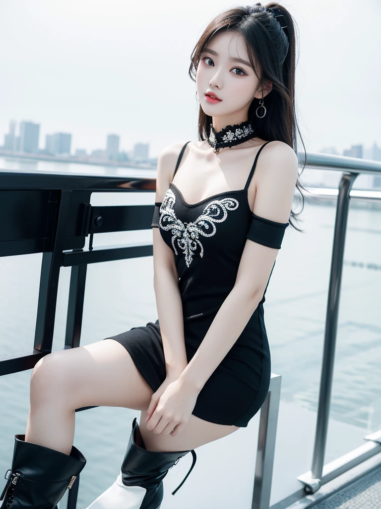 Beautiful woman wearing a black white mini dress with decorations on the shirt and visible shoulders and wearing boots and being photographed with a white background And was on the bridge , Korean style swag, beautiful face so gorgeous, Beautiful eyes, y2k style