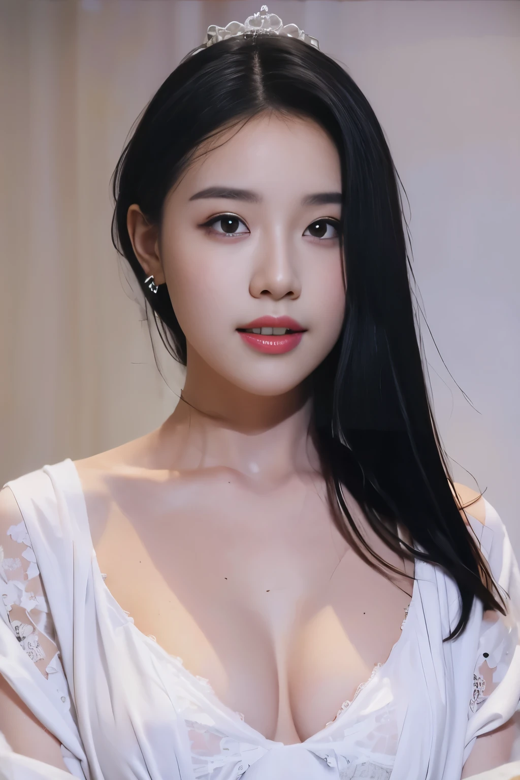 Fashion model 20 years old [[[[enlargement]]]], [[[[neck]]]], [[[[shoulder]]]], perfect eyes, perfect iris，perfect lips，perfect teeth，perfect skin，White skin，soft headlights，high-density imaging review，long black hair，（The face is clear and delicate.），((white lace underwear))，((sexy))，(((broken into pieces)))，((The background is a bedroom.))，((Deluxe King Bed))，best quality，masterpiece，（pastel colors：1.2）