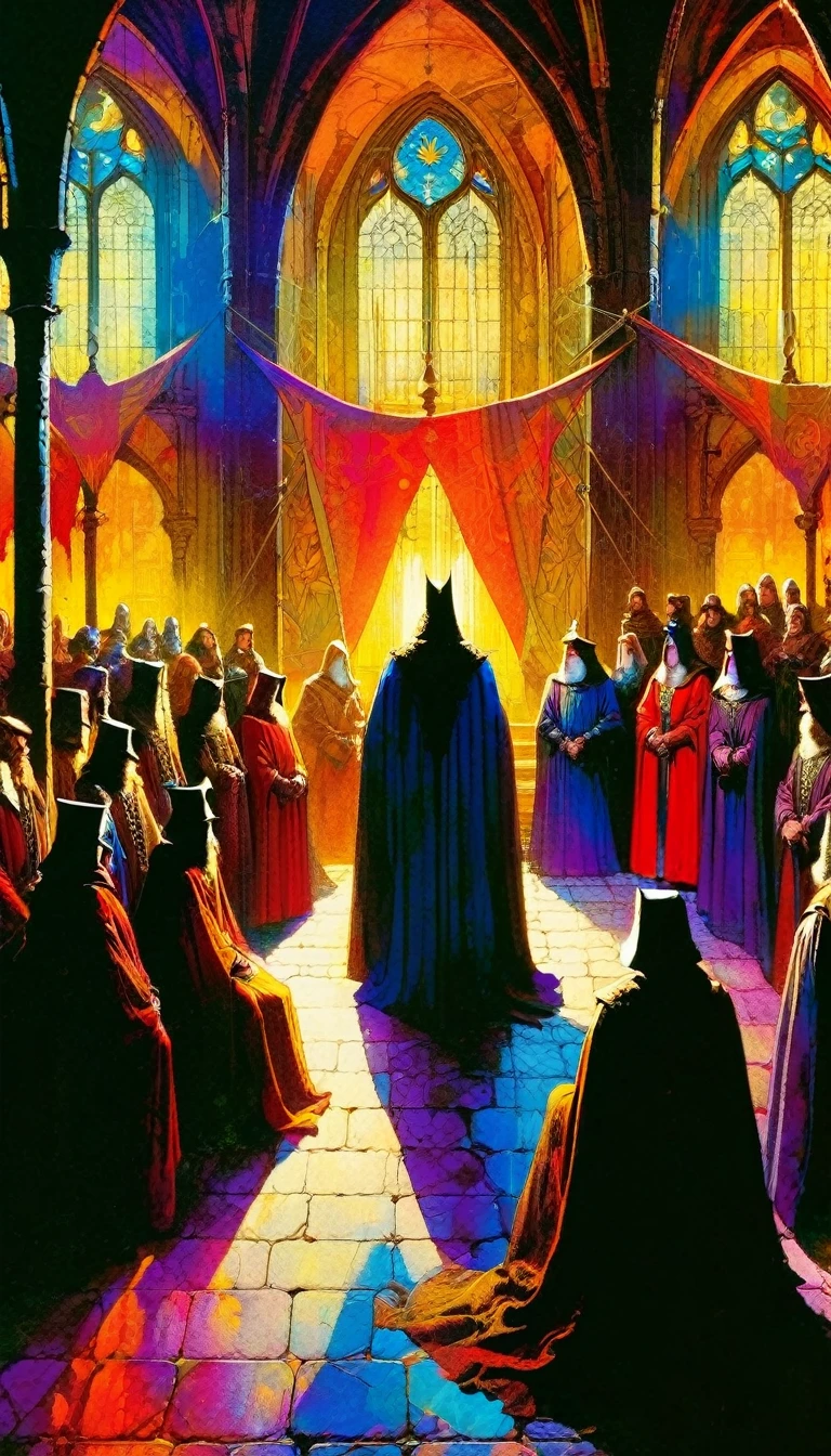 a trial in the middle ages, Artwork inspired by Bill Sienkiewicz, vivid colors, intricate details, oil.