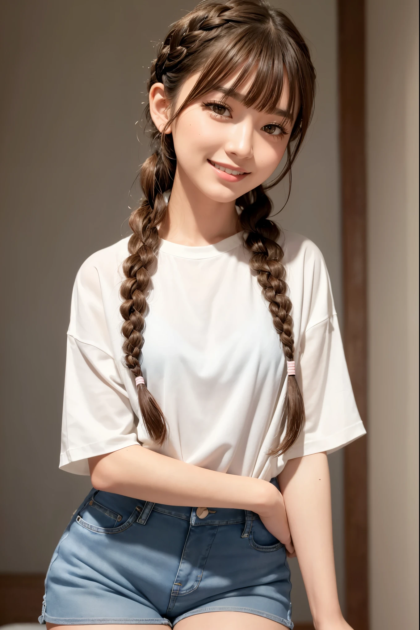 Realistic, masterpiece, Highest quality, Highest resolution, Photo from the thigh up, Gray blank background, One Japanese woman, Height: 165cm, 19 years old, (A white short-sleeved shirt and navy blue denim shorts:1.3), Happy smile, Detailed and beautiful eyes, Iris, Sparkling eyes, Thin eyebrows, Gives your eyelashes a delicate finish, False eyelashes, Date makeup, (Braided Hair, Blunt bangs, Brown Hair:1.2), Detailed face, She is looking to the side, She is smiling and looking up at the viewer., Smiling with some teeth showing, cheeks pink, Model's standard standing pose
