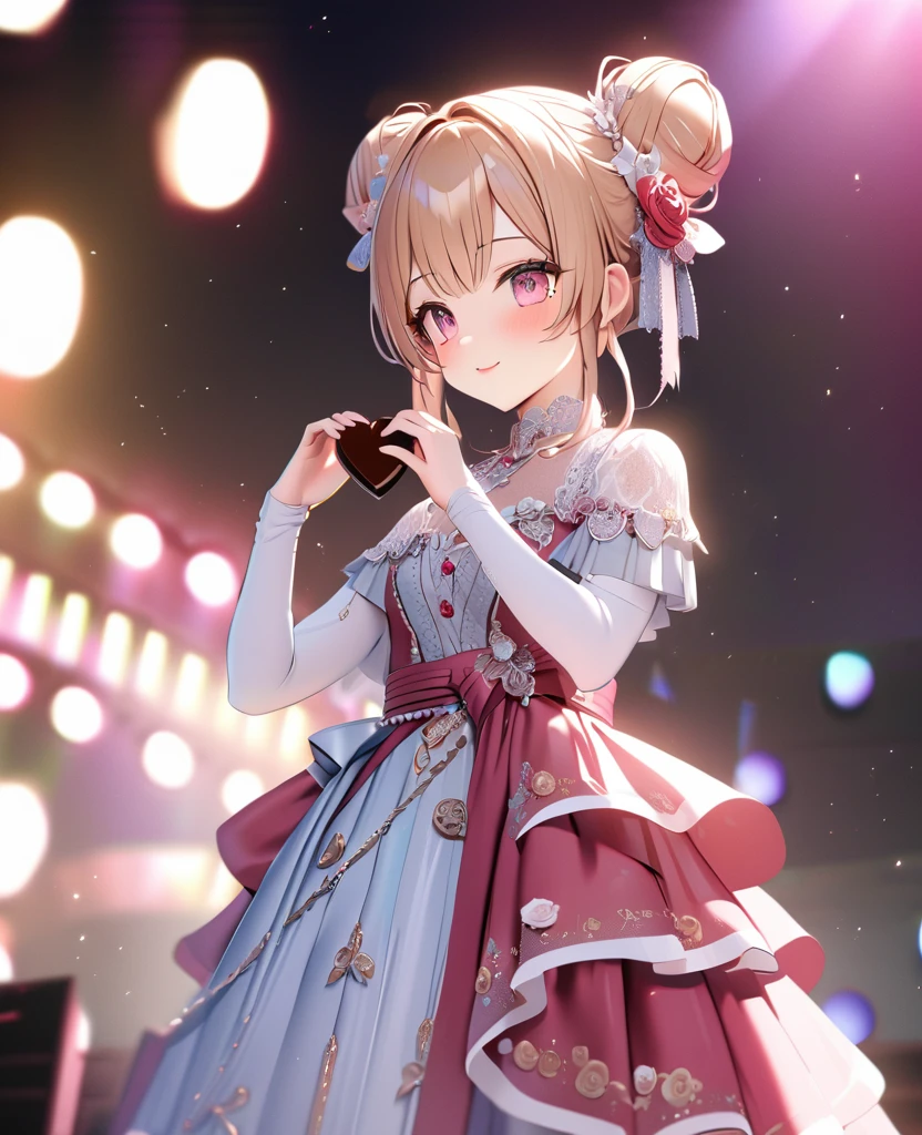 One Girl、Looking at the audience、lovely,
Beautiful pink eyes、Two brown double hair buns , Mole under the eye、Plump and glossy lips、Heart-shaped choca、Idol、Her name is May,smile、ー、。.。.。.。.。.。.。.。.。.。.。.。.。.。.。.。.。.。.3D、Realistic、
The idol's costume was soaked in the heavy rain, and her chest was wet and transparent.Heavy rain at outdoor concert, Drape clothes、gem、The decoration has been removed、Floral、Lace trim,On a glittering stage、
masterpiece、highest quality、8k、Detailed skin texture、Detailed cloth texture、Beautifully detailed face、Intricate details、Very detailed、
超A high resolution、8k Ultra HD、Film Grain、Best Shadow、delicate、Gazing at the audience、front