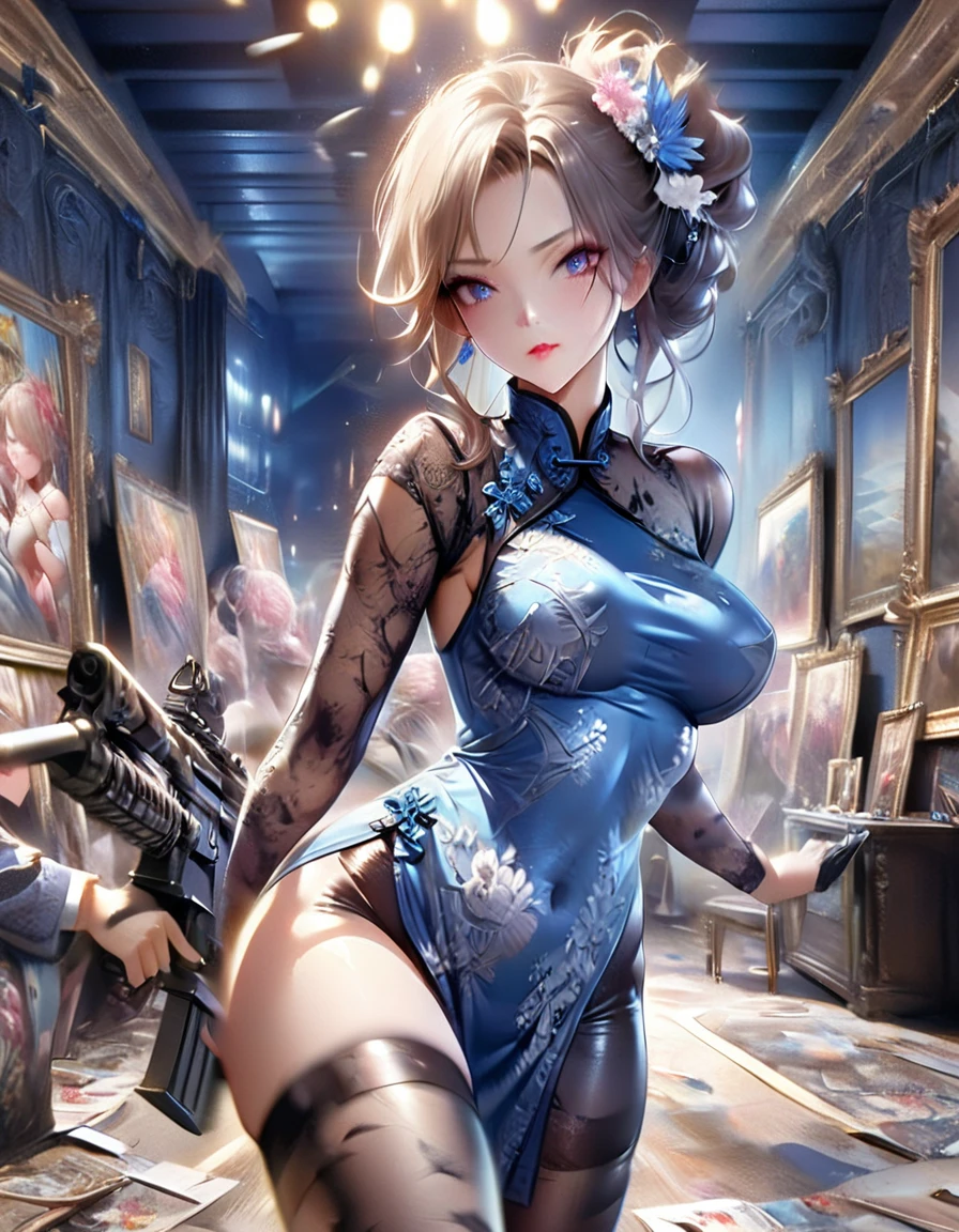 Young and beautiful woman_robot,Retro hairstyle,Retro makeup,Grinning face,Ideal body proportions,Full breasts,((Night camouflage_Tight Fit_Chinese dress:1.9)),(Rapid Fire Assault Rifle:1.7),(motion blur effect:1.5),(The casino was in chaos,Madness and destruction:1.4),(Highest quality,4K,8K,high resolution,masterpiece:1.2),Ultra Detailed,(lifelike,Photorealistic,Photorealistic:1.37),Detailed facial features,Intricate clothing patterns,striking pose,Dramatic lighting,Film composition,Vibrant colors,Dystopian atmosphere,painting,assault rifle, oil painting