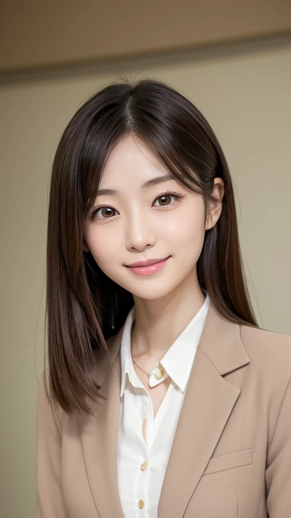 Japanese women, 26 years old, She has an oval face, Soft arched eyebrows, bright expressive eyes,,, pronounced nose, And a friendly smile. Her hair is shoulder-length, straight, Dyed a pale chestnut color. She is wearing a smart casual blouse, Probably soft colors, Pair it with a chic blazer, Embody her lively and sociable personality
