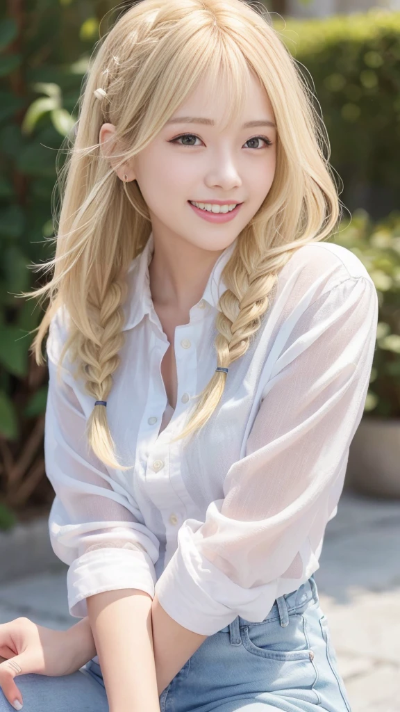 (8K、Highest quality、masterpiece:1.2)、(Realistic、Photorealistic:1.37)、Ultra-detailed、1 girl、18-year-old、Medium Chest、Beauty、Beautiful and perfect face、Close-up shot、Natural smile、solo、holiday、Busy Street、shopping、Fashionable clothes、Nose redness)、(Laughter:1.5)、(Shut your mouth.) 、Beautiful Eyes、(length:1.2)、Floating Hair 、Mid-length hair、Gold Hair Medium Hair, (Blonde), Ear hair, , Single Blade, (Single Blade), (Side braid),Check shirt