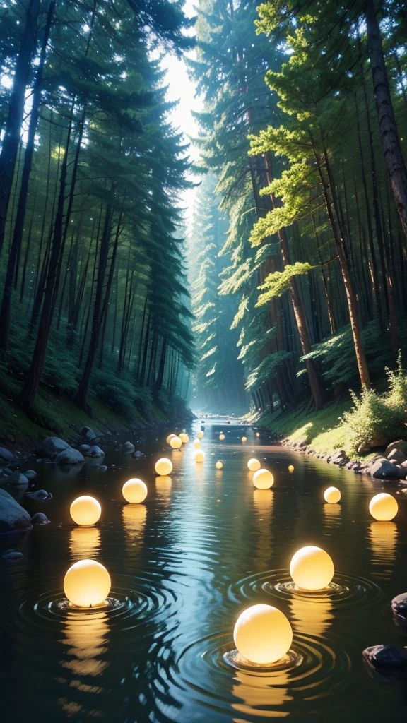 Lots of balls of light　Floating　in the forest　The river flows