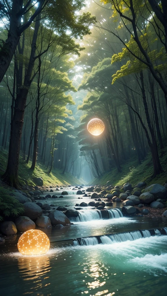 Lots of balls of light Floating in the forest The river flows