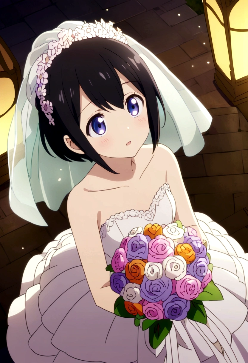 Halloween、girl、Black Hair、short hair、Wedding dress、Holding a bouquet、Look up diagonally to the left、Pale Light、anime