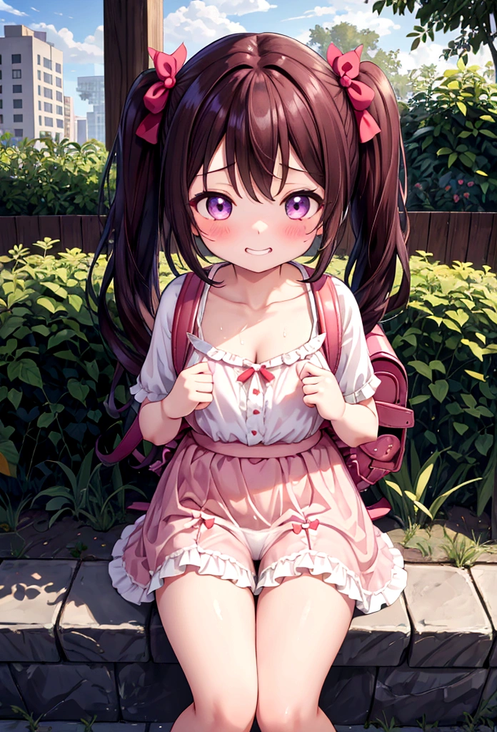 masterpiece, Highest quality, Nico_Yazawa,High resolution, 1 Girl, alone, Brown Hair, short hair, Twin tails、Purple eyes, Cowboy Shot, Frill dress, , Pink Dress, (Cleavage)、(Beautiful thighs)、city, Outdoor, garden, Carrying a red backpack, (randoseru backpack:1.2) Sweaty、Thick thighs、Highest quality、4K、1girl, 8ars old, lo, cute, grin, 、Skirt lift striped underwear、In the city、Many passersby are surrounding the girl.、、Thick thighs、Mesgaquismiles、Men holding their penises and surrounding girls、Semen from the penis、Bukkake、Bukkake、（Bukkake）